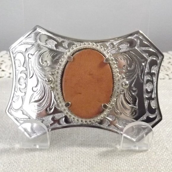 Silver Southwestern Belt Buckle w/ Leather Insert - Picture 1 of 9